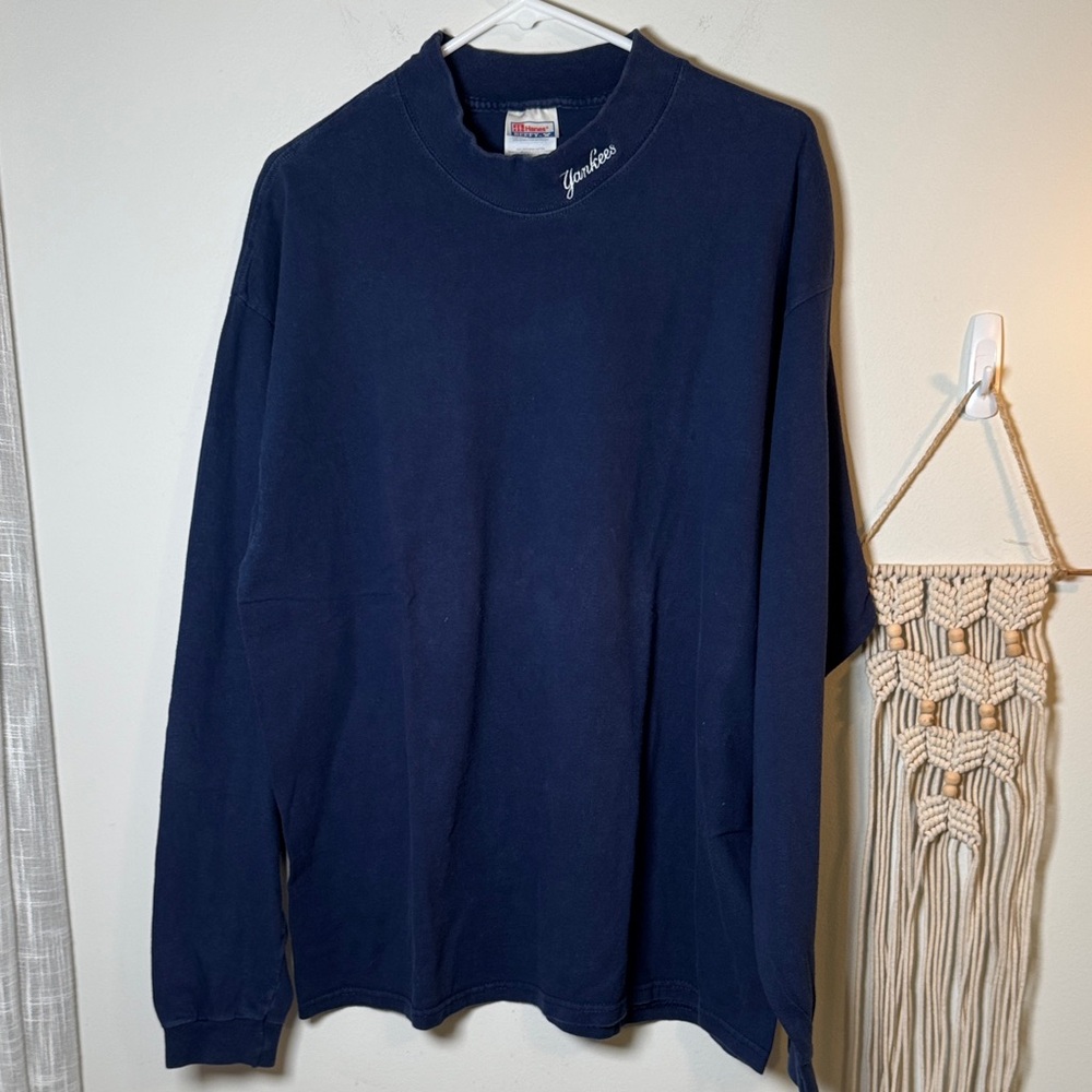 Vintage 90s Yankees Navy Long Sleeve Mock Neck Embroidered Men's Tee Large